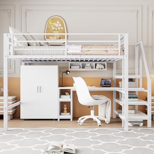 Moimhear Hochbett, Eisenbett, Metall+MDF, 140x200cm, Kleiderschrank, Regale, Ablageleiter, Schreibtisch, ohne Matratze, Geeignet für Jugendliche und Erwachsene (Weiß)