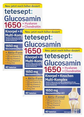 tetesept Glucosamin 1650-3 × 40 Tabletten - Nahrungsergänzungsmittel für gesunde Knochen und Knorpel - Multi-Komplex Formel mit Glucosamin, Hyaluron und Chondroitin
