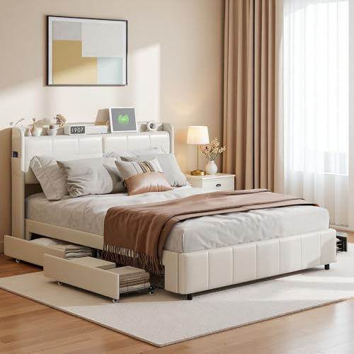 JiaOyu Modernes Polsterbett 160x200 cm mit Schubladen und USB-Stecker, Doppelbett mit Stauraum, Eisen-Schubladen, weichem PU-Leder-Kopfteil, bequemes Bettgestell mit einfacher Montage, Weiß