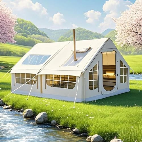 Aufblasbares Zelt, Zelt Aufblasbar mit Ofenloch & Luftpumpe, 4-Saison Luftzelt für Camping 6-8 Personen, Familienzelt Gampingzelt Glampingzelt Großes Zelte Haus Schnellaufbau (Grey 2)