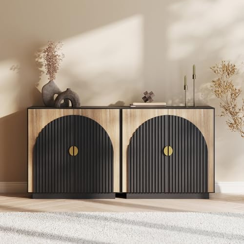 BELLEZE Juego de 2 aparadores modulares estriados con almacenamiento, mesa consola moderna de mediados de siglo con puertas arqueadas simétricas, elegante Credenza para comedor, cocina y sala de estar