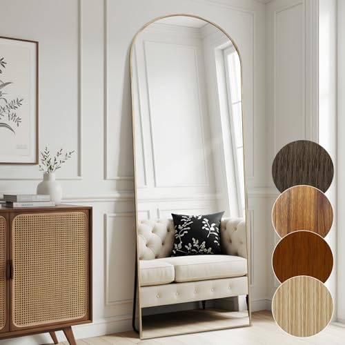 Melodieux Bogen Spiegel 180 x 76 cm, Aluminiumrahmen mit Teakholz-Optik, frei stehend aufhängbar wandmontiert, Ganzkörperspiegel für Wohnzimmer und Schlafzimmer