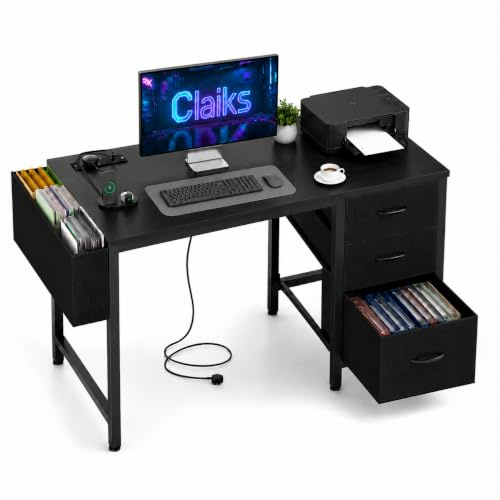 Claiks Kleiner Schreibtisch mit 3 Schubladen aus Stoff, 100x60 cm Computertisch mit 2 Steckdosen und USB-Anschlüssen, PC-Schreibtisch Bürotisch für Home Office, Schwarz