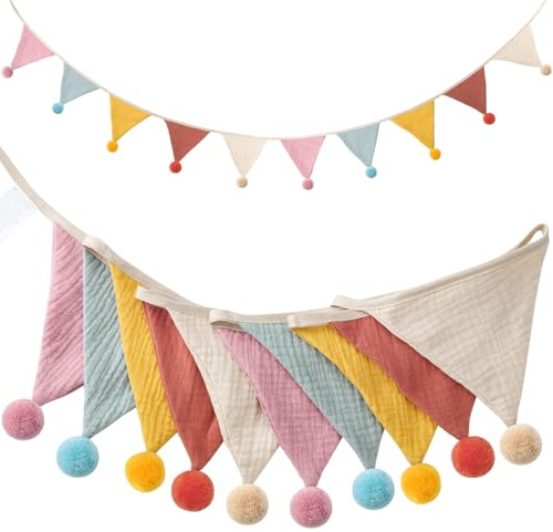 Wimpelkette Girlande 2.6m Kinderzimmer Deko, Wetterfeste Stoff-Wimpelkette Outdoor, Farbenfrohe Geburtstagsdeko für Gartenparty, Babyzimmer & Einschulung (Hairball Stil)