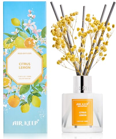 Airkeep Raumduft mit 8 Duftstäbchen 100ml, Citrus Lemon Langanhaltender Lufterfrischer, Natürlicher Duft, Deko für Badezimmer, Schlafzimmer, Wohnzimmer & Büro