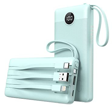 VEEKTOMX Power Bank Built-in Cables, 10000mAh USB C Portable Charger, Travel External Battery Pack with 5 Outputs and LED Display for iPhone, iPad, Samsung and Other Smart Devices, Sky Blue