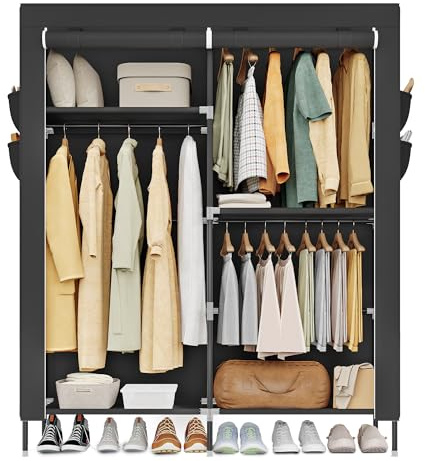 SONGMICS Armario de Ropa de Tela para Dormitorio, Armario Portátil con Barras para Colgar, Baldas y Bolsillos Laterales, Gran Capacidad, 3 Zonas para Colgar Ropa, 45 x 127 x 180 cm, Negro RYG010BZ02