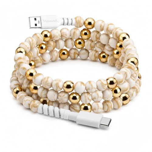 MyfavoriteK Elegant Beaded Phone Charger Shiny Cute USB Cable iPhone USB-C Charging Cable Colorful 3.3ft Cord for Smartphones (USB-A to USB-C, Marble & Gold)