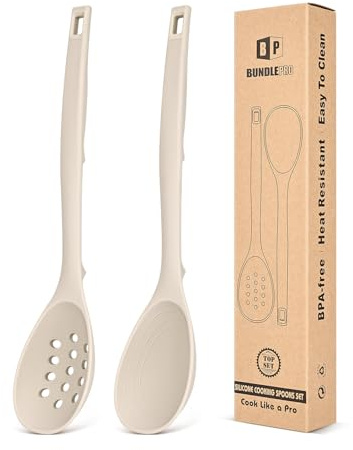 Paquete de 2 cucharas de cocina de silicona, cuchara de cocina sólida antiadherente con marcas de medición y ganchos traseros, cuchara ranurada de silicona resistente al calor para cocinar, mezclar