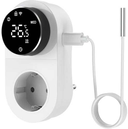 Yasorn Termostato WiFi de Enchufe 16A con Pantalla LED y Sonda Externa | Precisión ±0,5 °C; Tuya/Smart Life; Alexa/Google Assistant; 6 modos; programación semanal; anticongelación; máx. 16 A/3680 W