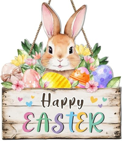 Easter Wreaths Decorations for Front Door Wooden Easter Sign Cute Bunny Spring Hanger for Outdoor Indoor Home Wall Decor with Hanging Rope - Bunny