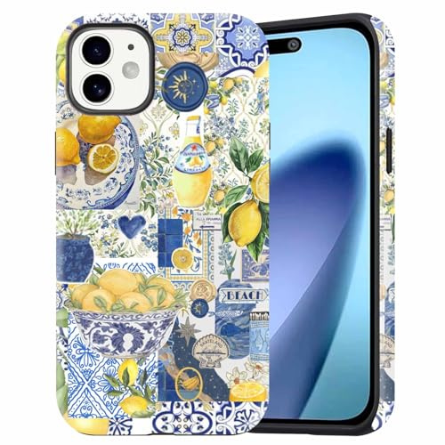 Dahimomo Summer Cute Phone Case for iPhone 11 6.1, 2-in-1 Girly Aesthetic College Lemon Design Pattern, Camera Lens Protective Shockproof Bumper Slim Cover for Girl Women, Blue