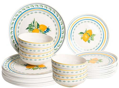 Vajilla de 24 piezas de porcelana acabado esmaltado con motivo de cítricos y limones para 8 personas comedor cocina blanco y verde Tarragon