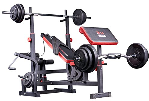 TrainHard Multifunktion Hantelbank Trainingsbank Kraftstation mit Lang- und Curlhantelset 100KG