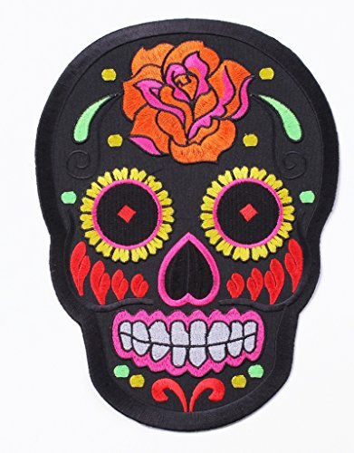 Aufnäher Aufbügler GROSS Mexican Skull Totenkopf 26 x 18 cm schwarz multi Farben