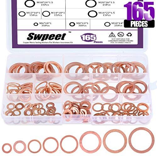 Swpeet - Juego de arandelas de sellado métricas de cobre de 165 unidades, 8 tamaños, incluye M6, M8, M10, M12, M14, M16, M18 y M20, perfecto para conexiones eléctricas