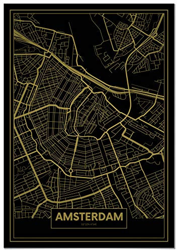 Panorama Poster Karte Gold von Amsterdam 50 x 70 cm - Gedruckt auf qualitativ hochwertigem Poster - Wandbild Wohnzimmer - Poster Schlafzimmer - Bilder Stadt - Poster Vintage - Deko Hause