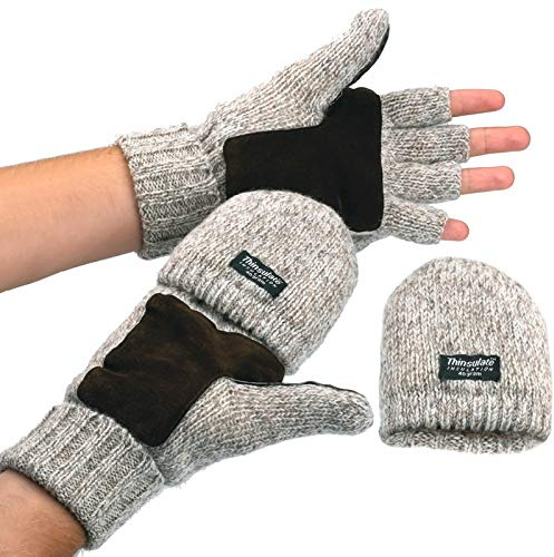 Burwells Pair Fingerless Gloves With Mitten Tops Thinsulate Insulated Wool Gloves Grey Suedette Palms 3M Insulation Warm Lining Mens Ladies