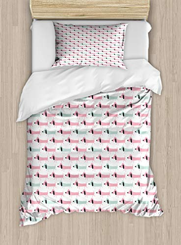 ABAKUHAUS Dackel Bettbezugs Set für Einzelbetten, Lustige Wurst Hunde, Milbensicher Allergiker geeignet mit Kissenbezug, 130 x 200 cm, Seafoam Rosa