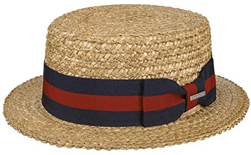 Stetson Boater Weizenstrohhut Naturfarbener Hut mit blau-rotem Ripsband Klassisch UV-Schutz 40+ Damen Frühjahr Sommer Natur XXL (62-63 cm)