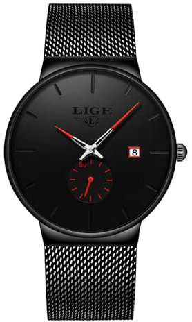 LIGE Armbanduhr Herren | Retro Armband Edelstahl wasserdichte Vintage Analog Uhr Herren Quarz Datum Business Casual Minimalistisch Watches for Men Männer,Rot Schwarz