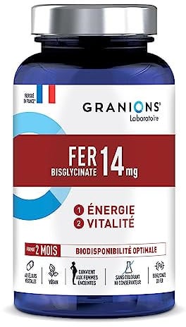 GRANIONS Fer 14 mg – 60 gélules | Complement alimentaire Energie et vitalité | Hautement biodisponible | Convient aux femmes enceintes | À partir de 6 ans 