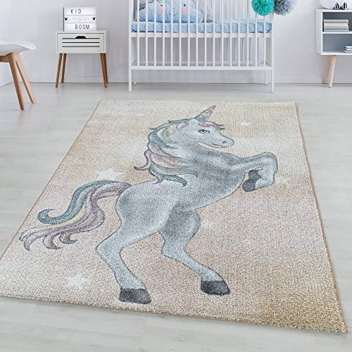 SIMPEX KinderTeppich, Einhorn-Design, Teppich Gelb, 140 x 200 cm, Teppich für Kinder, Teppich Kinderzimmer
