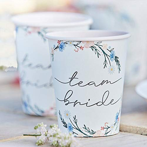 Party-Becher Team Bride Boho Flower Blumen-Motiv Pappbecher Einweg-Geschirr JGA in rosa & Pastell Tisch-Deko Junggesellinnenabschied Junggesellenabschied JGA-Party Accessoires 16 Becher
