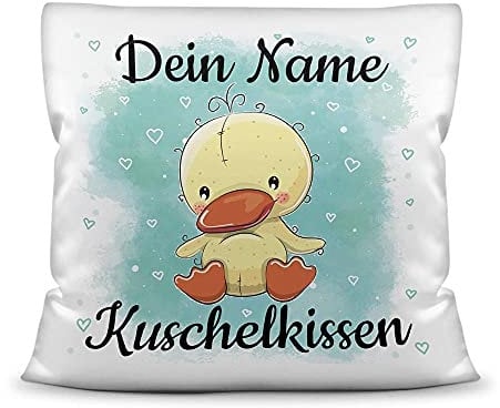 PR Print Royal Kissen mit Füllung für Kinder - Tiermotiv Ente - für Mädchen und Jungs - mit Wunschname beschriften - Ente - Kissen Polyester -Weiß, 40 x 40 cm