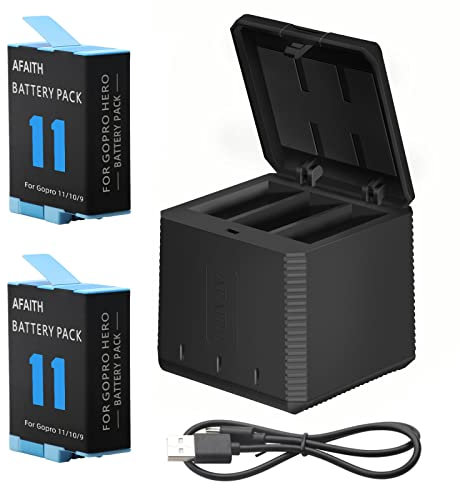 AFAITH 2 Batteries 1800mAh with Triple Go Pro Battery Charger for Gopro Hero 12/11/10/9, Replacement Batteries with 3-Channel Storage Quick Charger for Hero 12/11/10/9