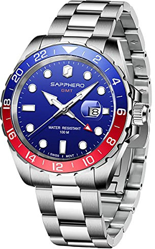 SAPPHERO GMT Uhren Herren Schweizer Quarzwerk Duale Zeitzone 100M Wasserdicht Herrenuhr Elegante Business Casual Armbanduhr Herren Silber Edelstahlband mit Leuchtender Kalender Geschenk fur Männer