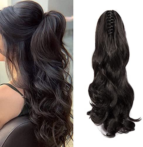 Cybelleza Clip in Ponytail Extensions Zopf Haarteil Claw Pferdeschwanz Haarverlängerung wie Echthaar Gewellt Lockig Kunsthaare Lang Haar Hitzebeständig, Dunkelbraun