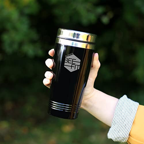 eBuyGB Personalised Travel Mug, Stainless Steel Double Walled Reusable 450ml Insulated Tea/Coffee Cup - Laser Engraved Custom Business, Company Logo, Design (Black)