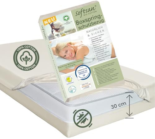 Softsan Boxspring Matratzen Encasing aus Bio Baumwolle | bis 30 cm Höhe | Anti Milben Schutzbezug | Weltneuheit | Viele Größen (140 x 200 x 30 cm)