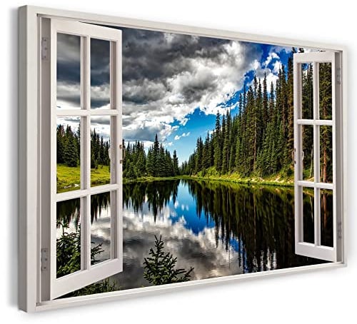 Printistico Bilder Fensterblick 120x80cm Baumwoll-Leinwand auf Keilrahmen mit Aufhänger moderner Kunstdruck XXL Wandbilder Wand-Dekoration See Spiegelung Wald Nadelbaum Natur - Natur-Fotografie