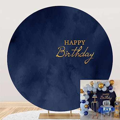 Aoihrraan 200cm Diamètre Joyeux Anniversaire Rond Toile de Fond Sombre Marine Bleu Abstrait Watercolor Photographie Fond Enfants Anniversaire Fête Décor Fournitures Bébé Adultes Photo Props