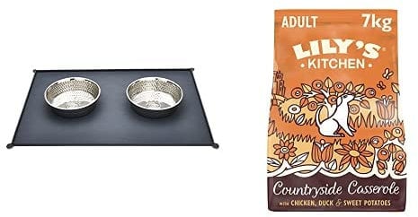 Lily's Kitchen Chicken and Duck Countryside Casserole - Grain Free Adult Dry Dog Food (7 kg) & Penguin Home Pet Feeding Mat with 2 Hammered Stainless Steel Pet Bowls