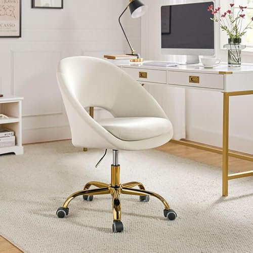 FABRICATION HAUS Desk Home Office Velvet Chair Swivel Height Adjustable Armless Padded Cushion Task Chair with Gold Base Chair for Bedroom Vanity(IVORY)