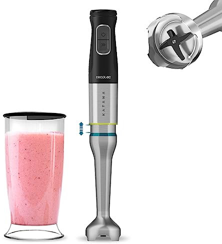 Cecotec Stabmixer Katana TotalDestroy 1200XL GY. 1200 W, 21 Geschwindigkeiten und Turbo, 4 Klingen mit schwarzem Titan, Spritzschutzhaube, extra langer Fuß, 800 ml Glas.