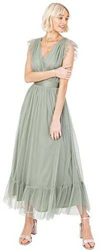 Anaya with Love Ladies Maxi Dress Women V Neckline Sleeveless Frilly for Wedding Guest Bridesmaid Prom Long High Empire Waist Tiered Robe, Frosted Green, 38 Femme