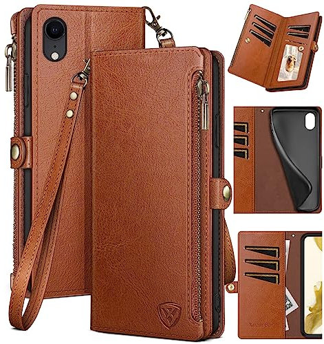 XcaseBar for iPhone XR 6.1 Wallet case with 【RFID Blocking】 Zipper Credit Card Holder, Flip Folio Book PU Leather Phone case Shockproof Cover Women Men for Apple XR case Light Brown