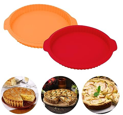 Plat a Tarte,2 Pièces Moule à Tarte en Silicone,Antiadhésif Moule en Silicone Patisserie Rond,Réutilisables Moule à Gâteau Rond en Silicone,Moule a Tarte pour Quiche Sucrée Pâtisserie,Rouge & Orange