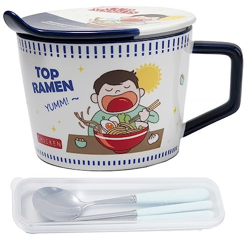 lachineuse - Bol à Nouilles Instantanées - Bol Ramen Japonais & Nouilles Chinoises - Avec Couverts & Couvercle - Bol Petit-Déjeuner, Soupe, Riz - Idée Cadeau Asiatique Japon Chine - Cup Noodles - Bleu