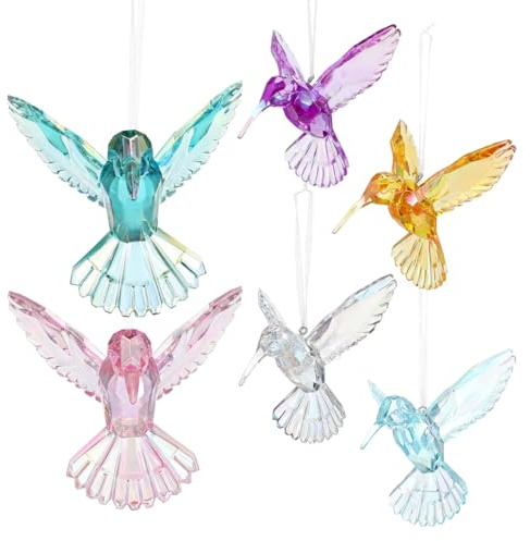 6pcs Acrylic Hummingbird Ornament Colorful Decorative Hanging Birds for Parties Xmas Trees and Home Decor Iridescent Flying Hummingbirds White Sky Blue Pink Khaki Emerald Green Purple