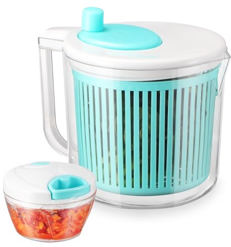 Salad Spinner with Chopper Set,2.5Qt Lettuce Spinner with Built-in Colander and Measuring Cup Bowl,Small Plastic Fruit Cleaner Pasta Dryer Herb Cleaner,Single Serve Quick Veggie Prepping Set