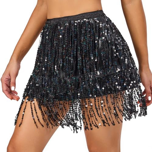 PLIKSUVER Damen Glitzer Rock Pailletten Fransen Rock Karneval Quasten Rock Bauchtanz Kostüm Rave Rock