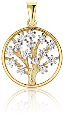 PRINS JEWELS Petit pendentif arbre de vie en or jaune 14 carats (585) avec zircones cubiques – Bijou raffiné et élégant