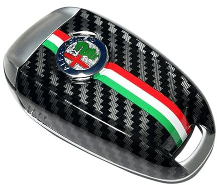 JUNMEI Autoschlüsselgehäuse aus ABS-Kunststoff, Karbonfaser-Stil, 3D-Logo, Schwarz, Ersatz für Alfa Romeo Giulia Stelvio Tonale (Farb-Logo, Schwarz B)