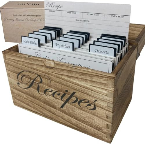 Boîte à recettes en bois avec cartes et intercalaires – Grande boîte rustique pour cartes de recettes de 10,2 x 15,2 cm, surface facile à nettoyer, porte-cartes de recettes, 100 cartes double face, 20