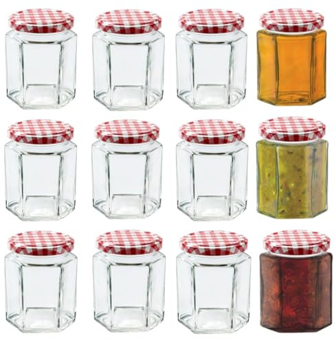 MEETOZ Glass Jam Jars-12 Pack Airtight 280ml,Glass Preserve Pots with Screw Top Red Gingham Lids,Hexagonal Storage Glass Jars for Kitchen Spices Honey or Sweets Kimchi Jar